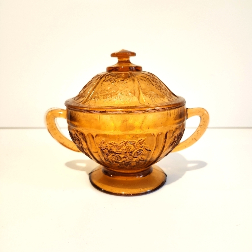 *3 for $30* Vintage Floral Amber Glass Sugar Or Candy Bowl with Lid